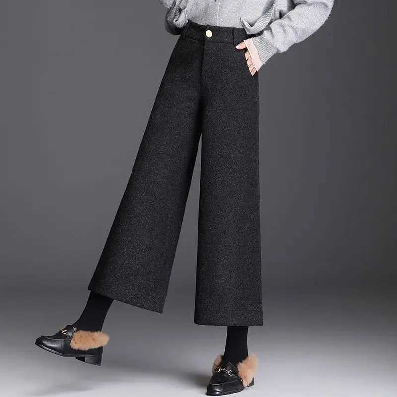 2024 New Woolen Wide Leg Pants Ladies Autumn Winter Anklelength Pants High Waist Loose Straight Fleece Women Clothes TrousersT251025