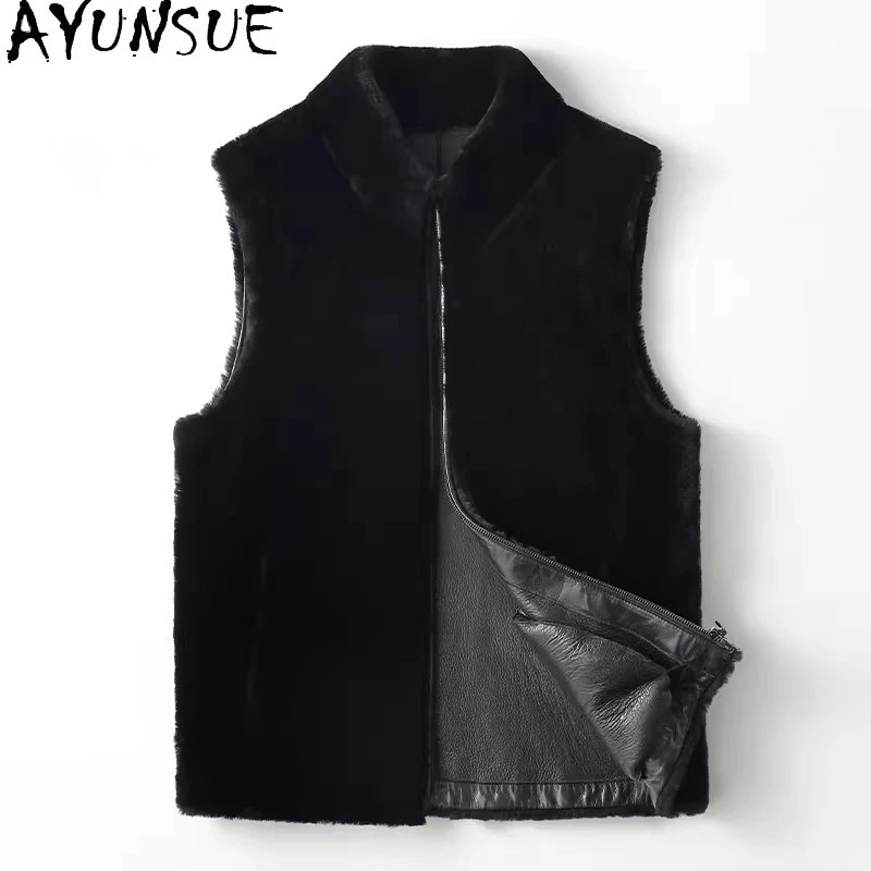 AYUNSUE Natural Fur Coat Man Sleeveless Waistcoat Winter Short Genuine Sheepskin Leather Jacket Men Black Shearling Fur Vest 251020