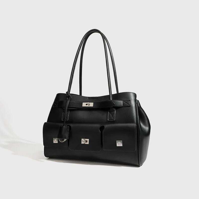 New PU Leather Black Motorcycle Style Tote Bag Women's Large Capacity Crossbody Purse For Commuters Underarm Shoulder Handbag 251025