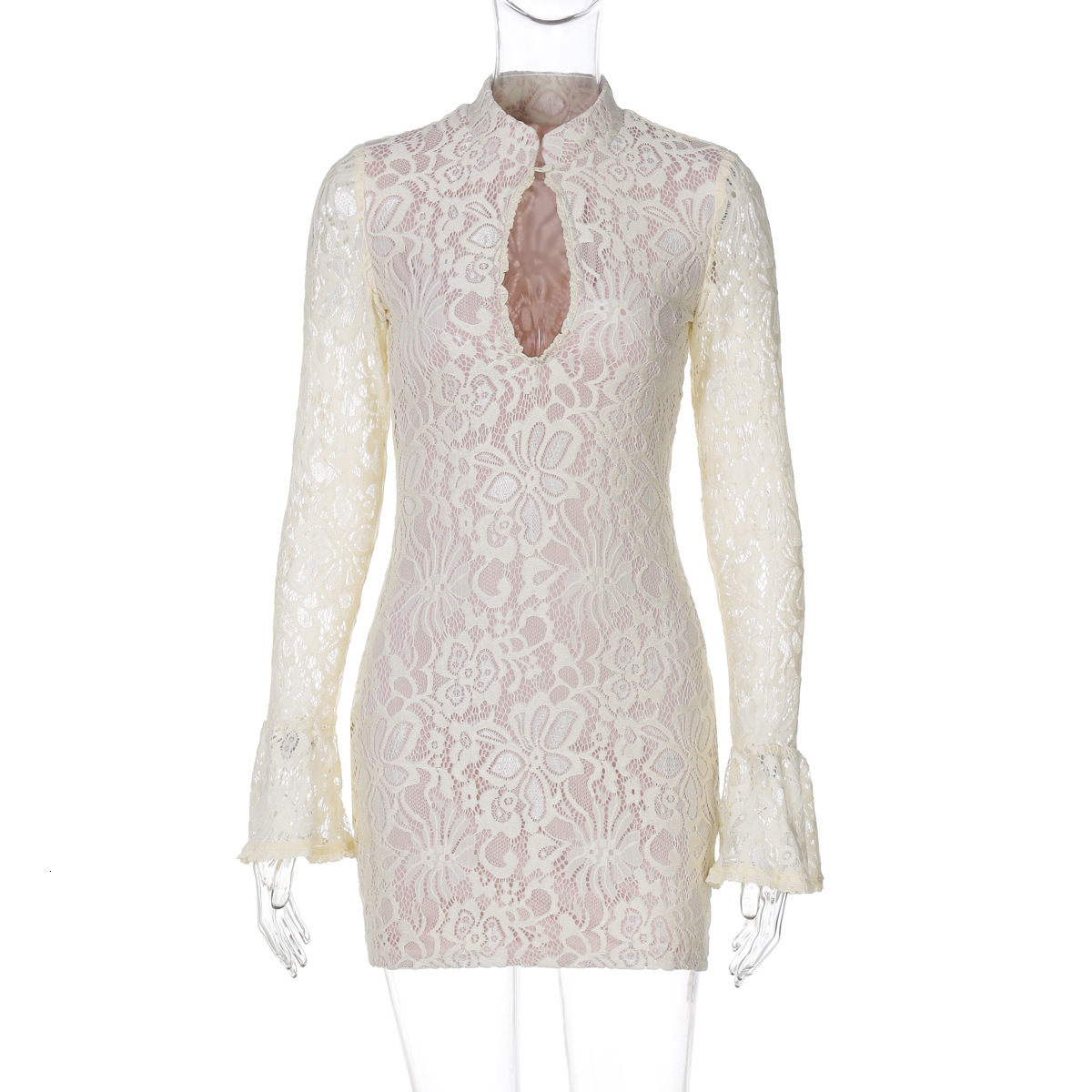 2025 summer new sexy lace hollow slim fit flared sleeve dress, designer hot selling luxury dress