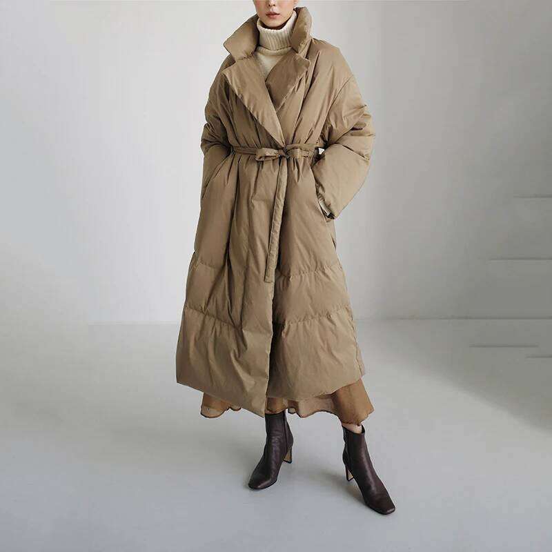 Winter New Stand Collar Jackets Loose Belt Long Sleeve Coat Fashion Solid Cotton Padded Warm Down Overcoat Women Coats Designer Women