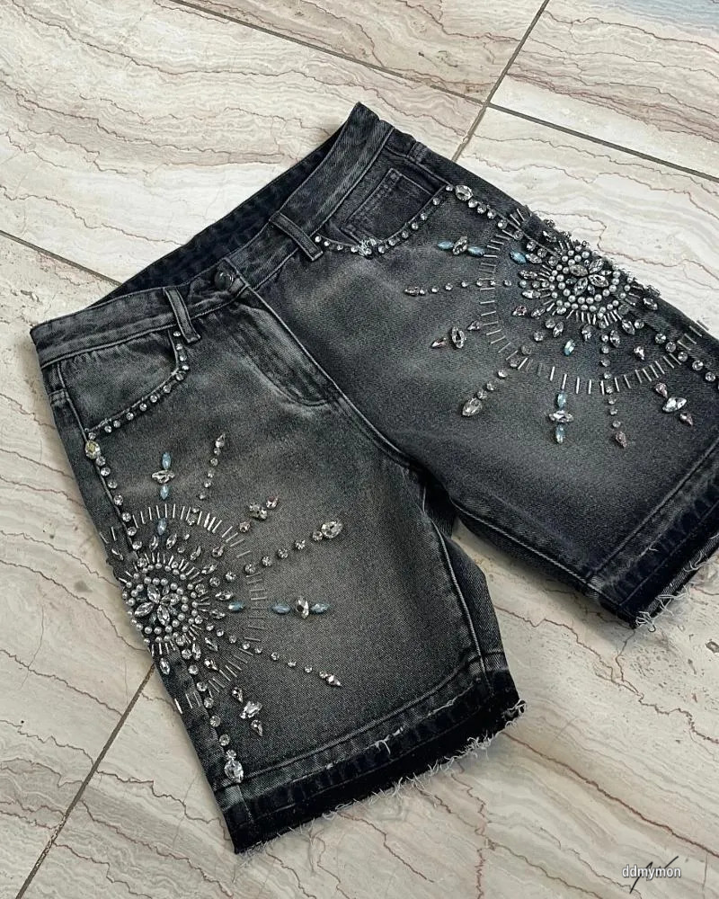 Men's Fashion Denim Jeans: Retro Rhinestone Graphic Black Baggy Gym High Waist Basketball Casual Shorts For Men Ddmymon