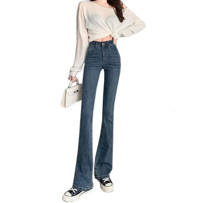 Slimming StraightLeg Denim Jeans Womens AutumnWinter Petite Blue Grey High Elasticity Micro Flare Shaping Smooth Silhouette 251023