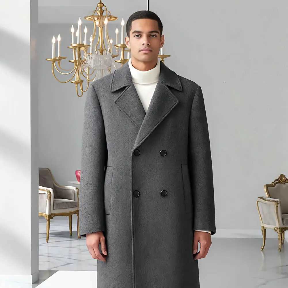 Gentlemen Cashmere Wool Blend Overcoat Old Money Men Double Breasted Design Woolen Coats Black Grey Brown Menswear Winter AutumnT251025