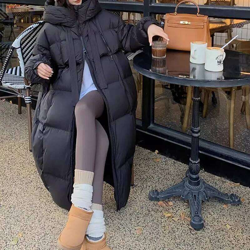 Sleeve Zipper Pocket Long Casual Thicken Warm Hooded Lady Office Parkas Fall Winter Down Coat