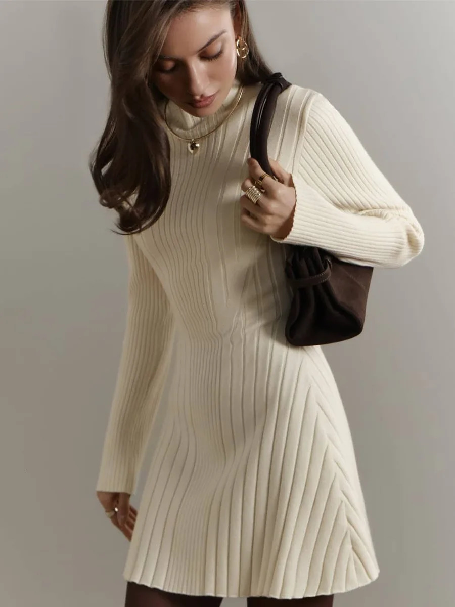 Womens 2025 Spring Knitted Dress Long Sleeve SemiHigh Neck A Line Skirt for an Elegant and Playful Look 251023