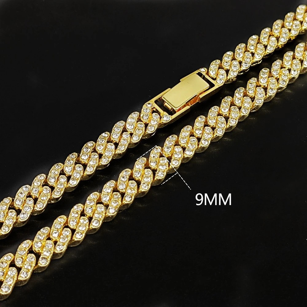 9MM Hip Hop Men Women Prong Cuban Link Chain Necklace Bling Iced Out 1 Row Rhinestone Paved Miami Cuban Chain Jewelry Gift 251013