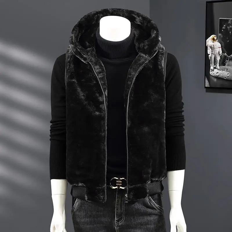 Autumn Winter Thiened Warm Mens Hooded Faux Fur Zipper Cardigan Vest European Sle Couples Outerwear Polyester Fiber 251020