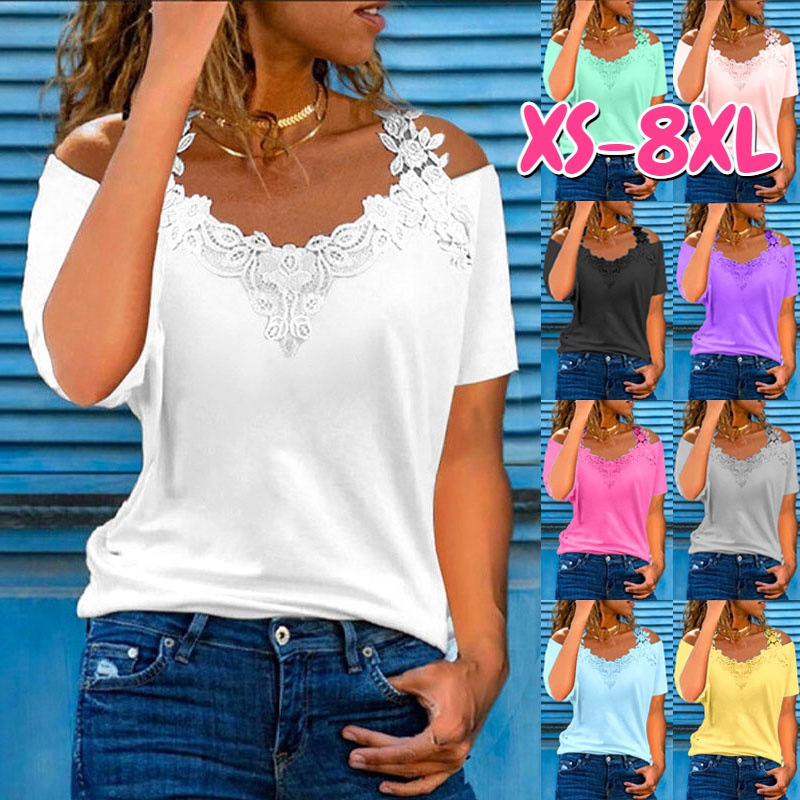 Hot-selling V-neck Patchwork Short Sleeve Lace Casual Loose T-shirt for Women