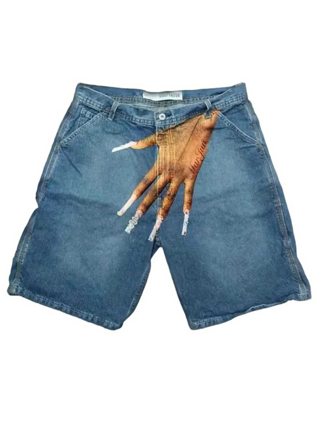 Y2K Baggy Jean Shorts Hip Hop Print Denim Shorts Grunge Graphic Jorts Vintage Wash Jorts StreetwearXJ251025