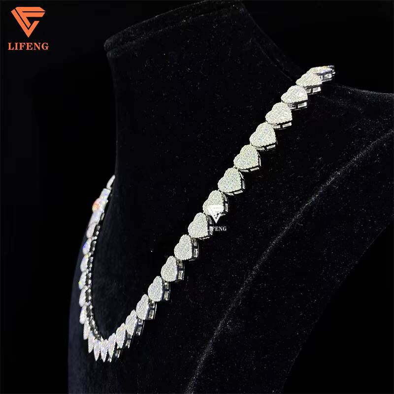 10MM Personality 925 Sterling Silver VVS Moissanite Tennis Link Chain HandInset Love Heart Shape Necklace Hip Hop Jewelry