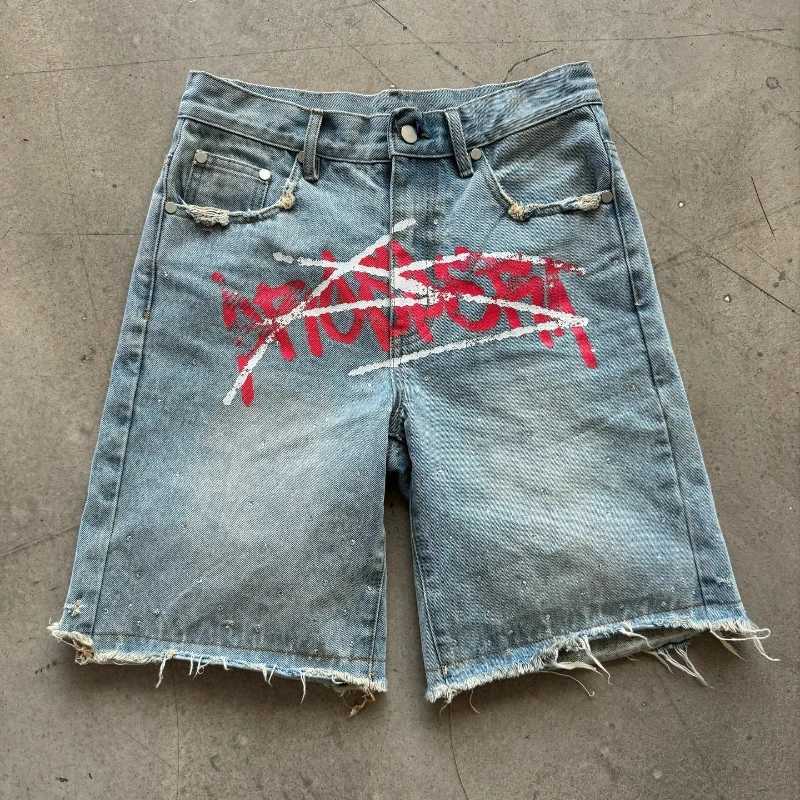 Y2K Graffiti Jorts Rhinestone Distressed Printed Denim Shorts Men Women Trend Retro Hip Hop Streetwear Unisex Baggy Short PantsXJ251025