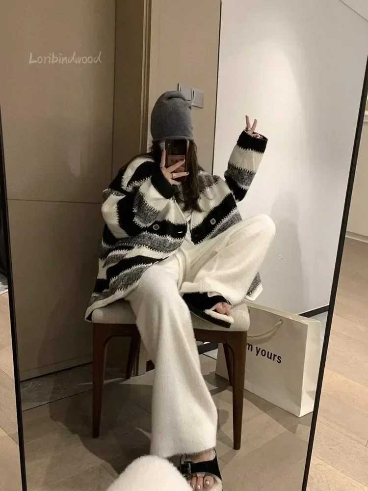 Soft Waxy Mink Wool Knitted Wideleg Pants Womens Autumn and Winter Thick Slouchy Floor Length Pants koreanT251025