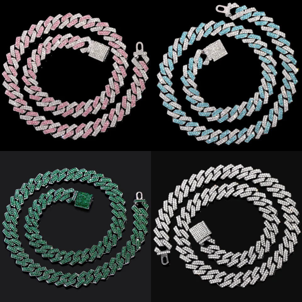 14mm Multicolor Iced Out Crystal Prong Cuban Chain Necklace for Women Men Bling Paved Rhinestone Choker Necklace Hip Hop Jewelry 251013