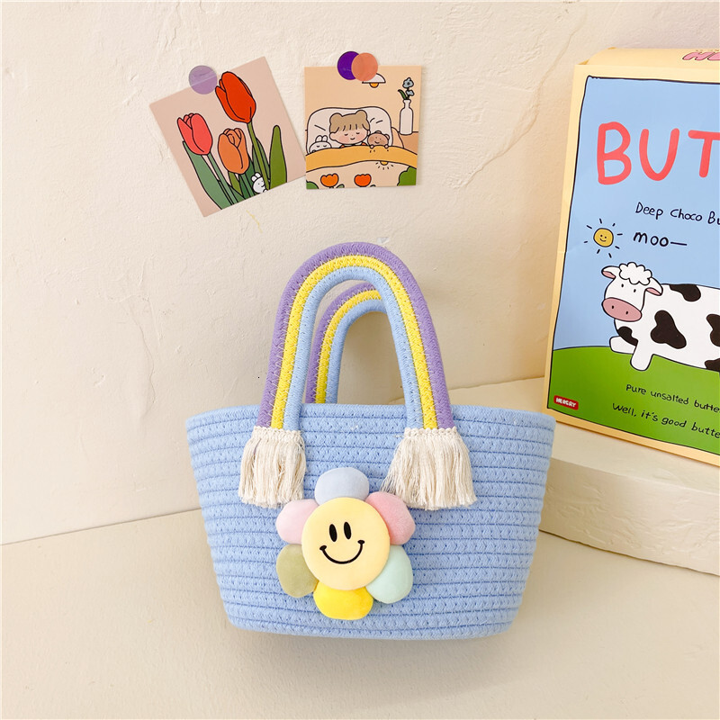 New children's handbag, cotton rope woven girl's bag, gift basket, children's shoulder bag, cartoon sunflower designer rainbow bag