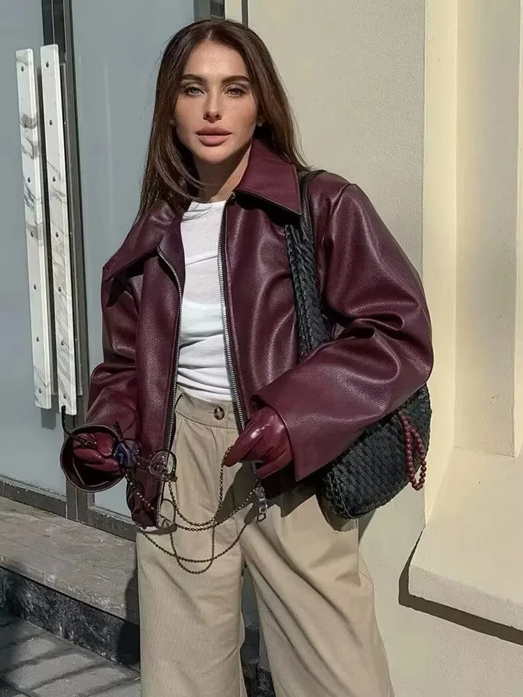 HH Wine Red Faux Leather Jakcet Fashion Outerwear Thicken Zipper Lapel Pu Coats Autumn Winter Streetwear Ladies Tops Women 251020