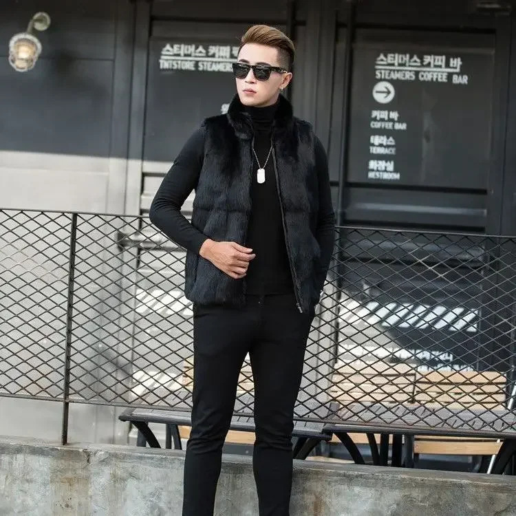 Men Autumn Winter Genuine Rabbit Fur Vest Male Solid Color Warm Waistcoat Men Real Fur Stand Collar Vest Jackets V02 251020