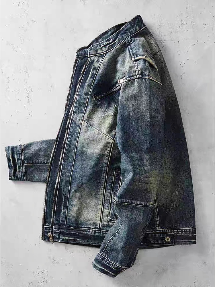 Mens Retro Denim Jacket Casual Oversized Stand Up Collar Zippered Cycling Motorcycle Coat Trend Loose Fit Top 251017
