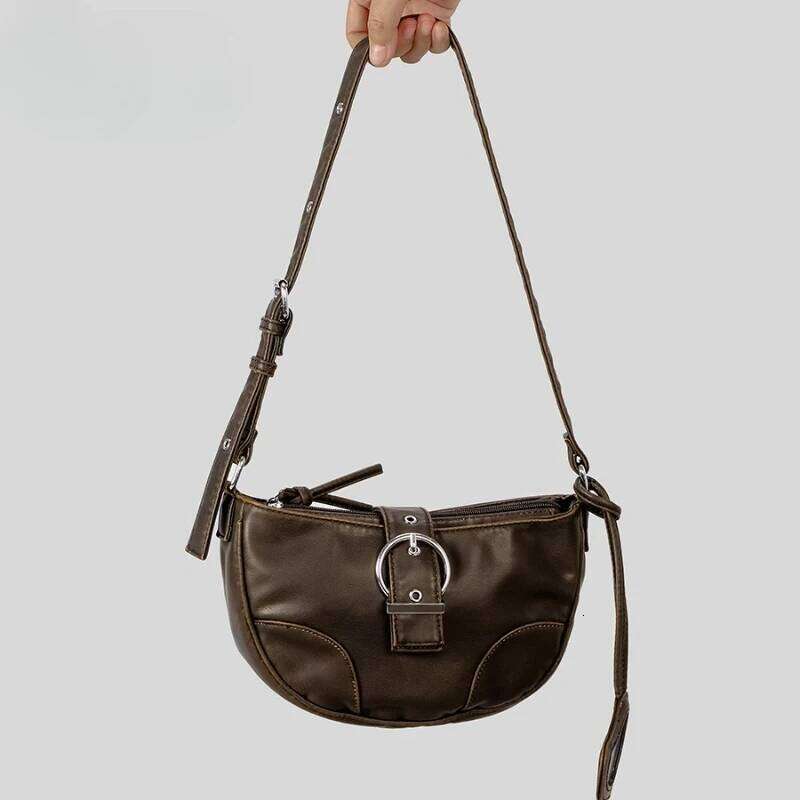 Vintage PU Leather Underarm Half Moon Women Crossbody Bags With Mirror Versatile Handbag For Female Summer Purses 1025