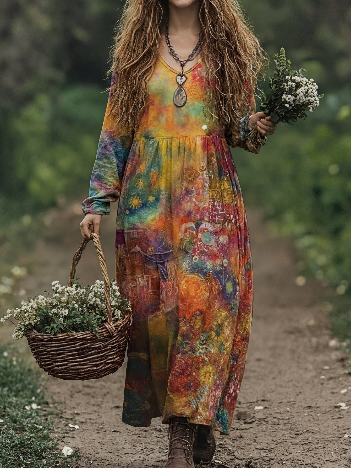 Autumn Winter Women's Digital Printed Indian Vacation Country Style Lady Dress, Milk Silk Casual Maxi Dress, S-XXL Floral--CF51231