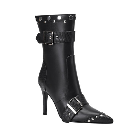 Chengdu Craftsmanship Two-Way Wear Punk Stud Boots 10cm Stiletto Heel Belt Buckle Pointed Toe Ankle and Knee High Boots Black