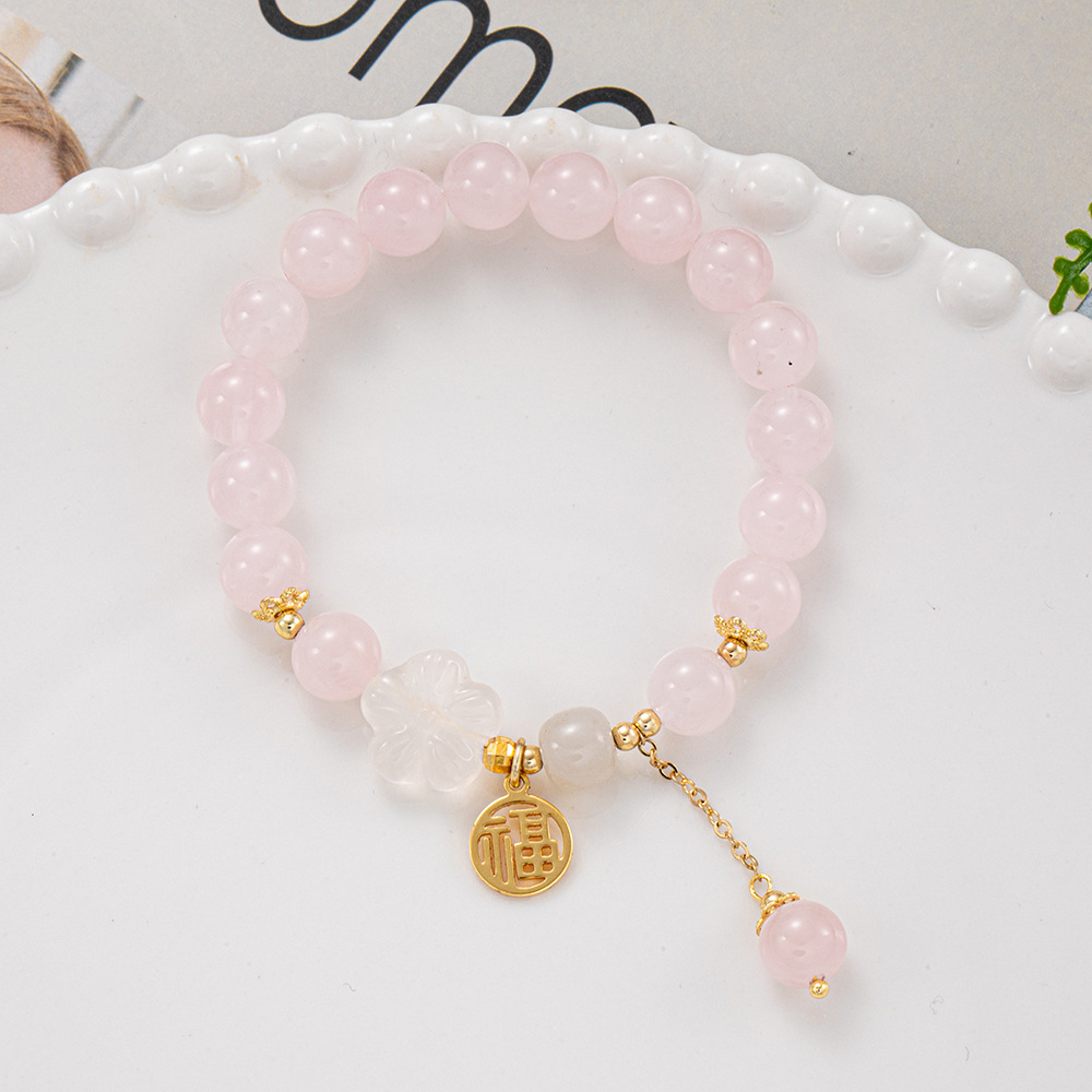 Women's Natural Crystal Bracelet with White Agate Peach Jade Beads