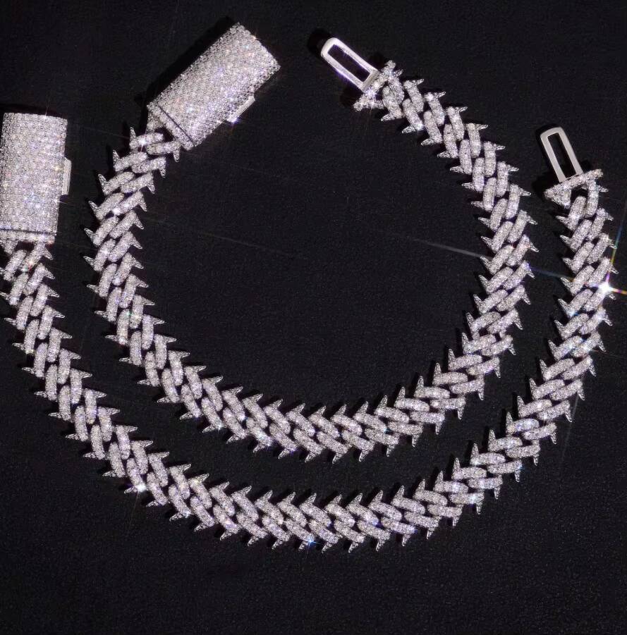 Pass Diamond Tester 925 Silver Hip Hop Jewelry Iced Out VVS Moissanite Diamond Spike Cuban Chain 10MM Bracelet