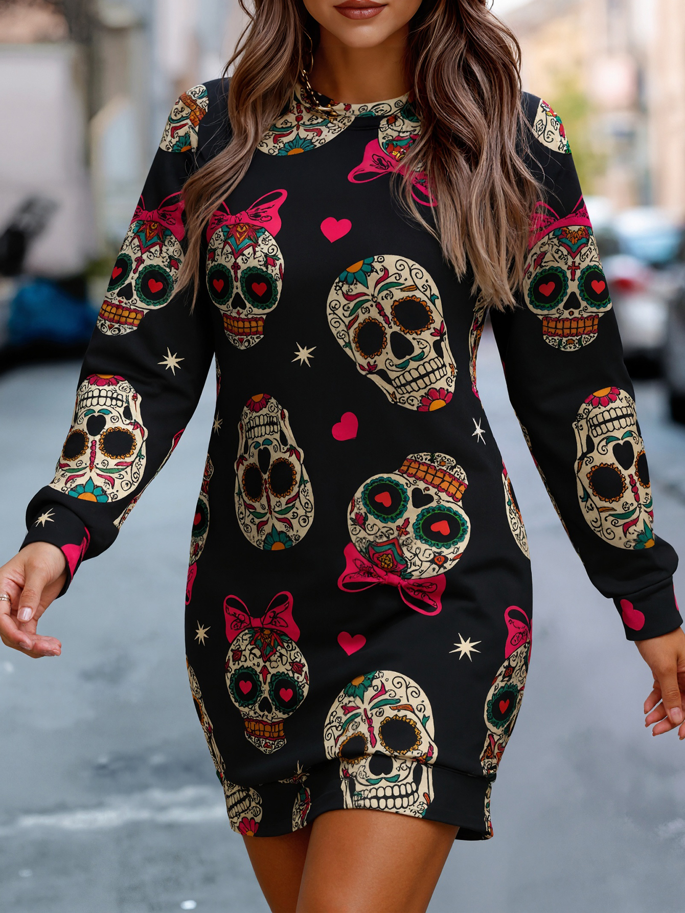 Autumn Winter New Women's Skull Printed Casual Commute Style Elegant Dress, Milk Silk Black Dress, S-XXL---CF41119