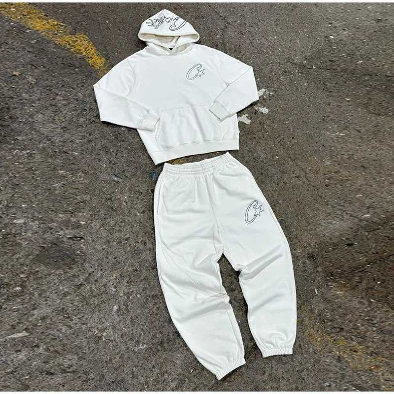 Y2K Unisex White Hoodie and Jogger Set Casual Sportswear Comfortable Sweatshirt and Pants Trendy Outfit for Men and Women J251025