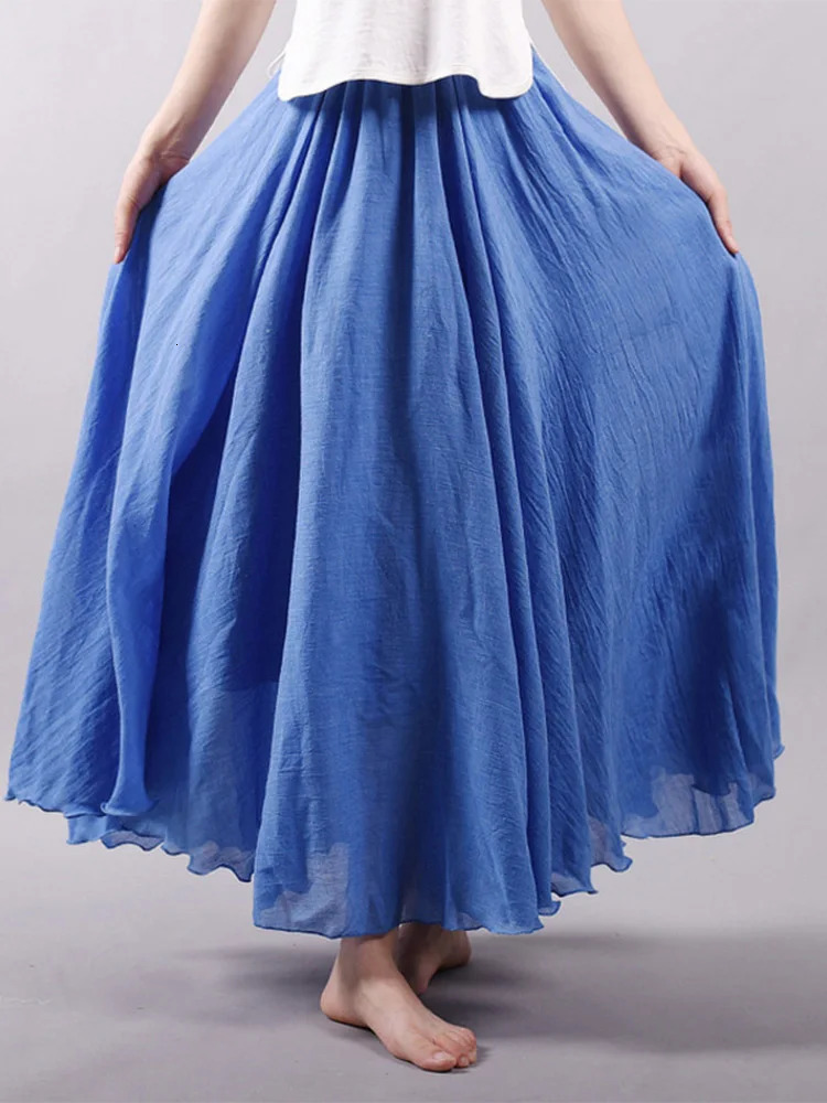 Womens Elegant High Waist Linen Maxi Skirt Summer Ladies Casual Elastic Waist 2 Layers Skirts saia feminina 251013