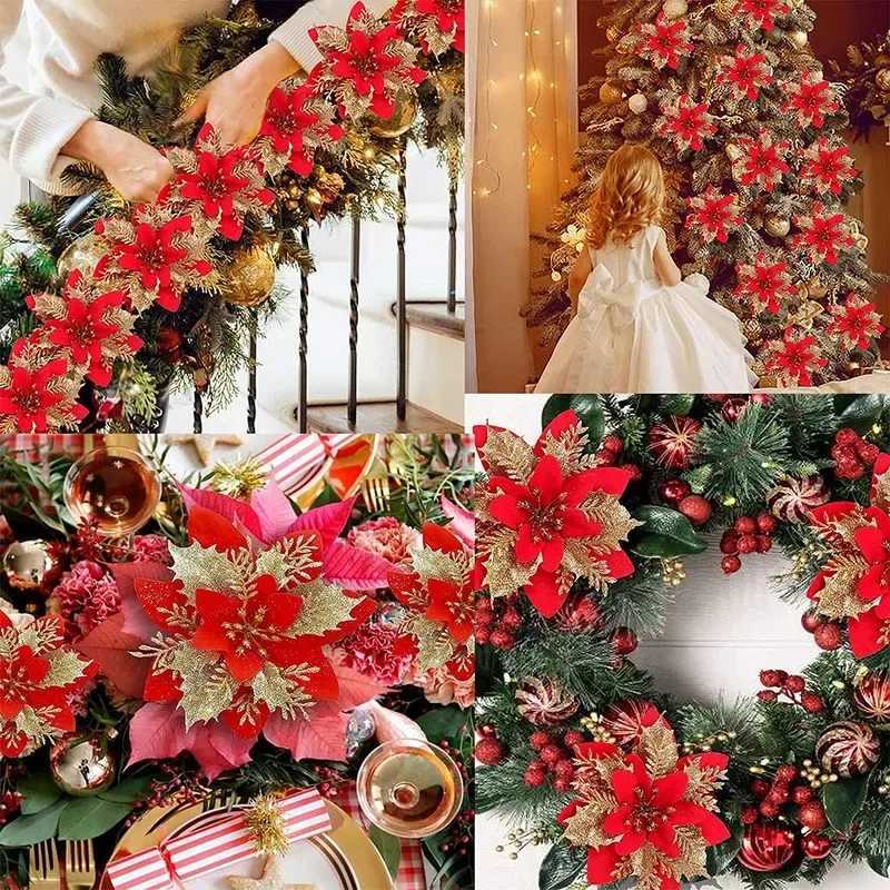 5PCS Glitter Artificial Christmas Flower Red Rose Head Flower Christmas Tree Decoration Home Wedding Party DIY Accessories C251024