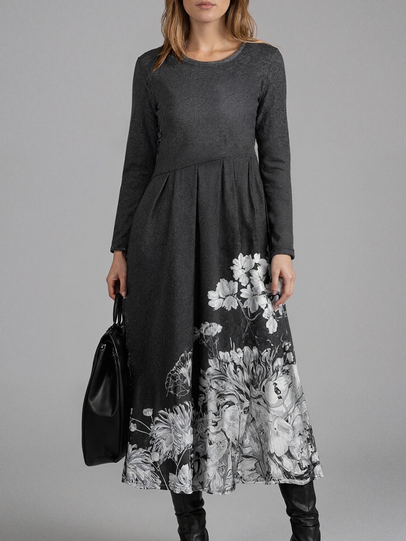 Autumn Winter New Women's Fashion Office Mom Style Floral Printed Long Sleeve Midi Dress, Milk Silk Black Gray Dress, S-XXL--CF56281