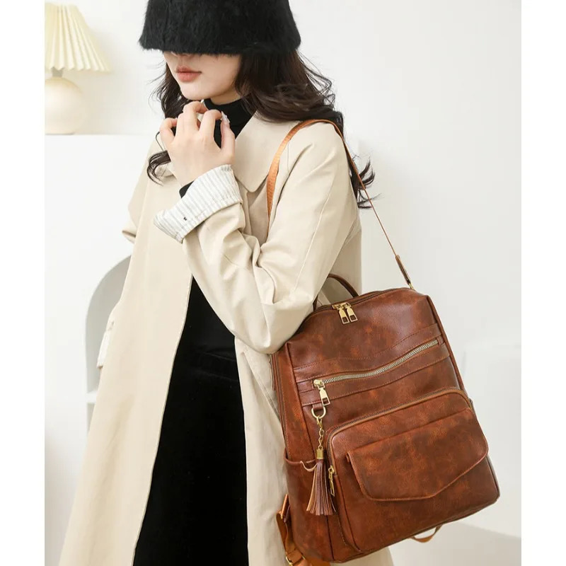 Backpack Purse for Women Large LadiesFashion Tassel Pu Leather Travel Ladies Shoulder Bags Waterproof 251018