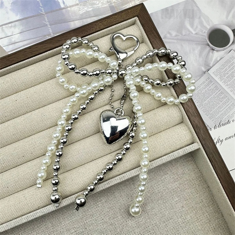 Doublelayer Sweet Lovely Beaded Bowknot Heart Keychain Pendant Hanging Decor Keyring Lanyard Phone Charm Bag Pendant Supplies 251021