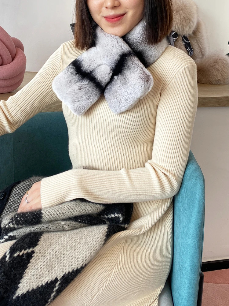 Women High Quality Real Fur Scarf Neckerchief Natural Rex Rabbit Fur Chinchilla Scarf Thick Warm Winter Fur Muffler 251020