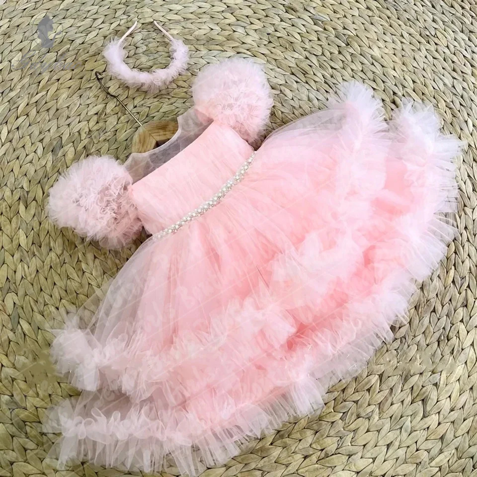 Beautiful Girl Glitter Pearls Light Yellow Weddings Dresses Tulle Bow Flower Girl Dresses Puffy Short Prom Pography 251023