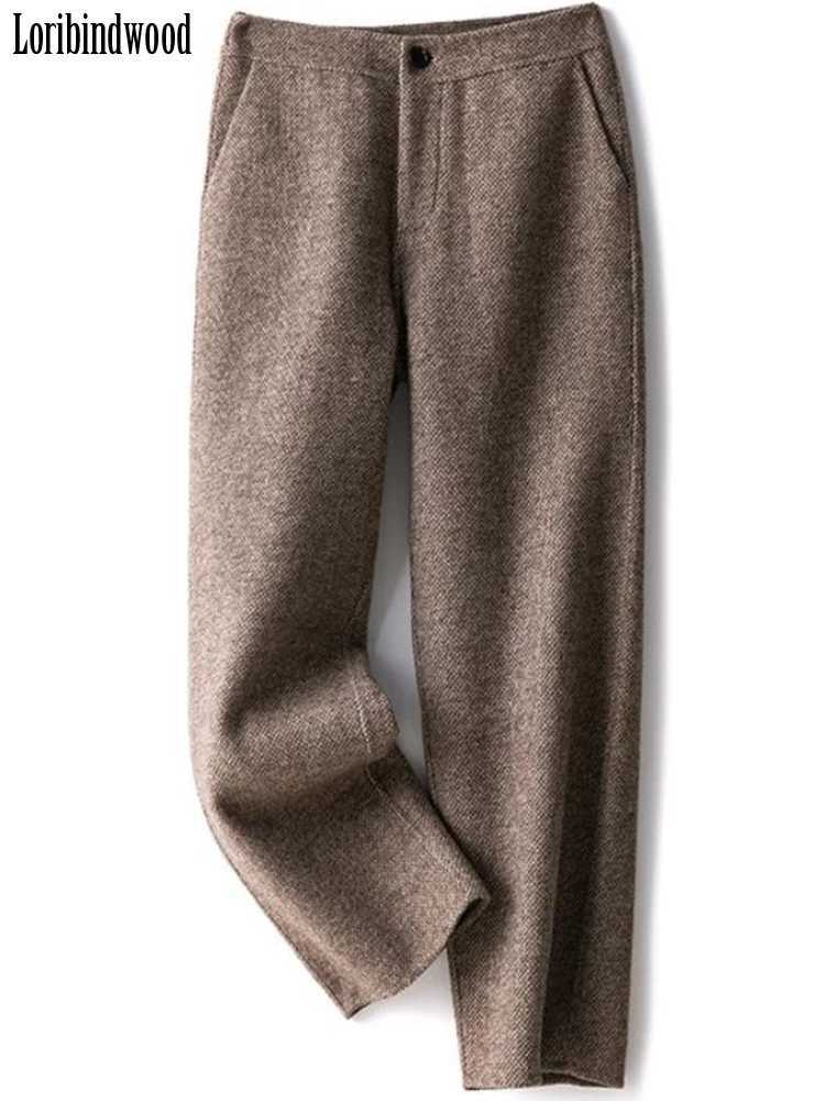 Loribindwood Woolen Pipe Pants Women 2023 Autumn and Winter Loose Straight High Waist Tweed Casual Nine Points Radish TrousersT251025