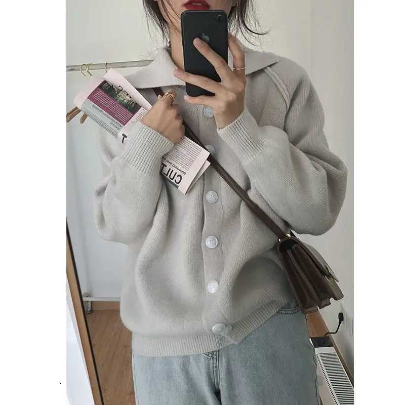 Women Clothing Autumn Winter Fashion Korean Button Solid Color Turndown Collar Knitting Female Temperament Sweater Cardigan CoaT251025