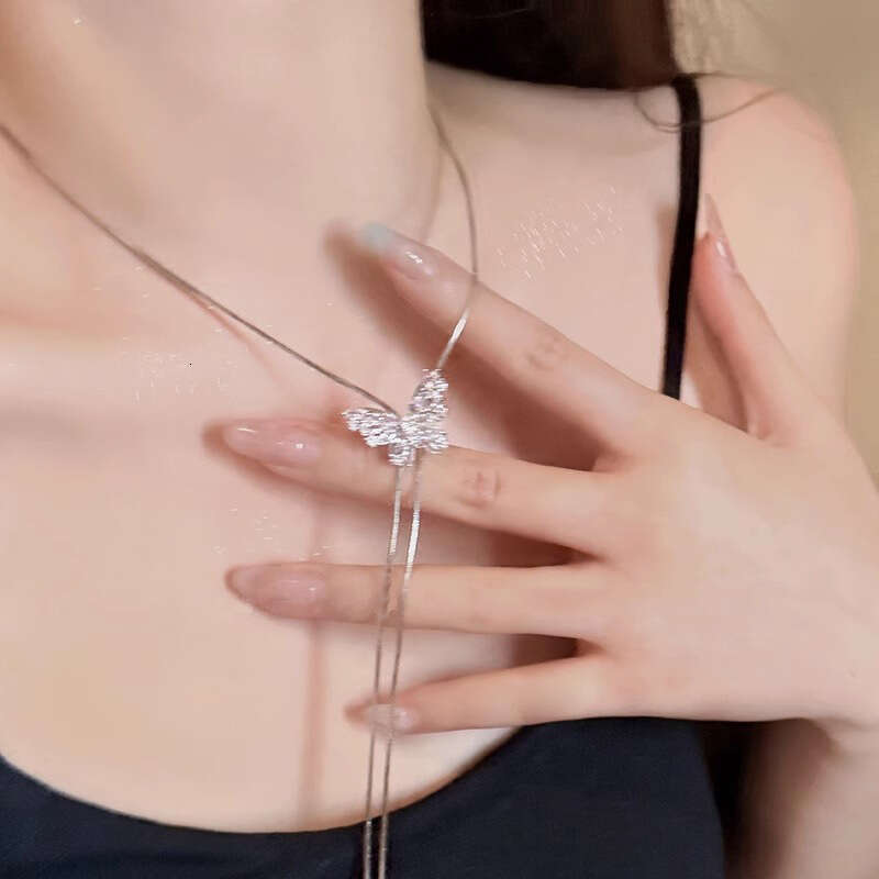 sier Butterfly Long Tassel Necklace for Women New Style Pull-out Clavicle Chain Unique Temperament Versatile Jewelry