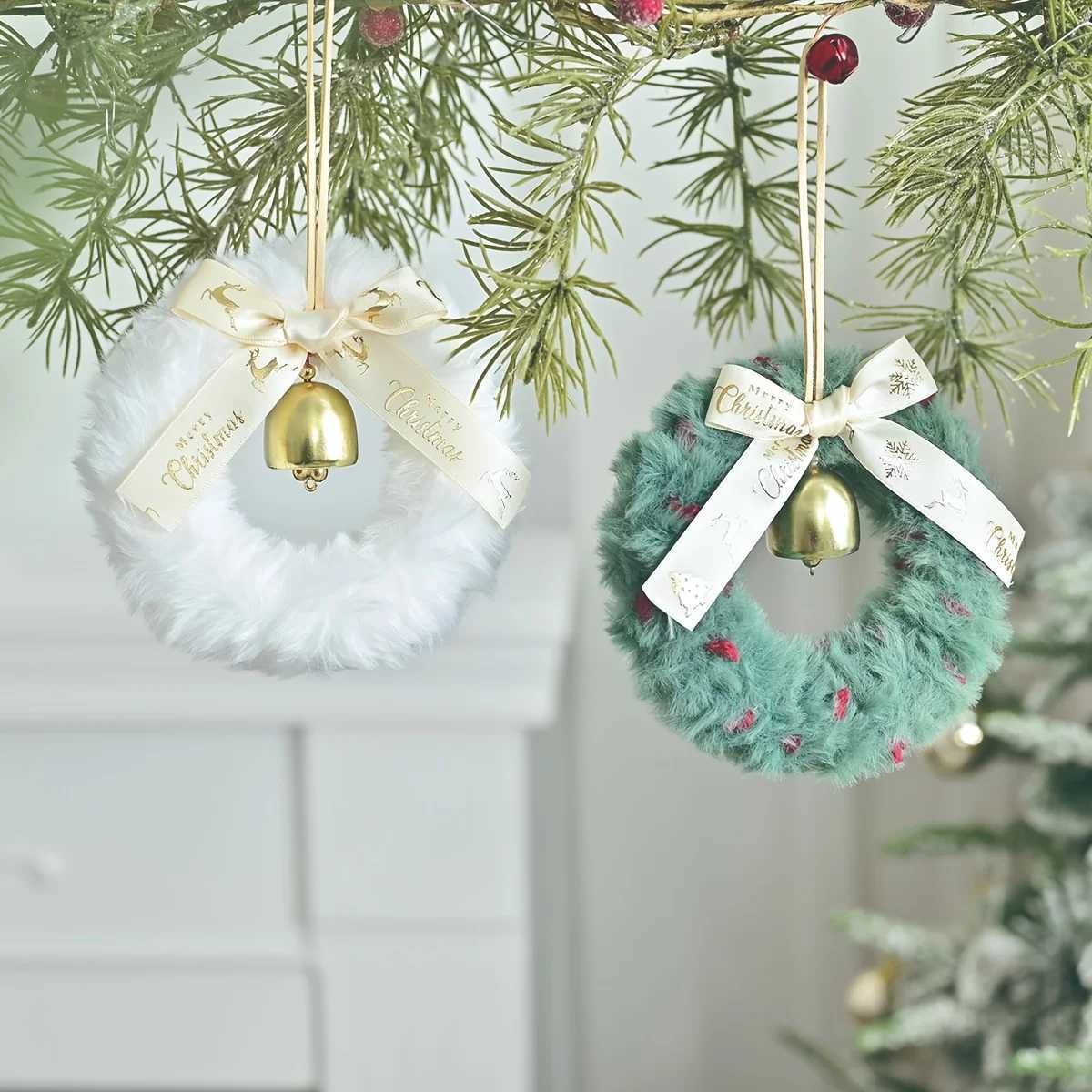 Plush Christmas Wreath Decoration Window Door Hanging Car Hanging Scene Arrangement Christmas Bells Bow Wreaths Party Decoration C251024