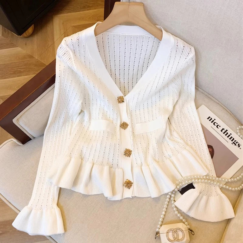 YuooMuoo Women Cardigans Autumn Buttons Vneck Slim Waist Ruffled Knitted Tops Chic Fashion Lady Sweaters Shirts 251020