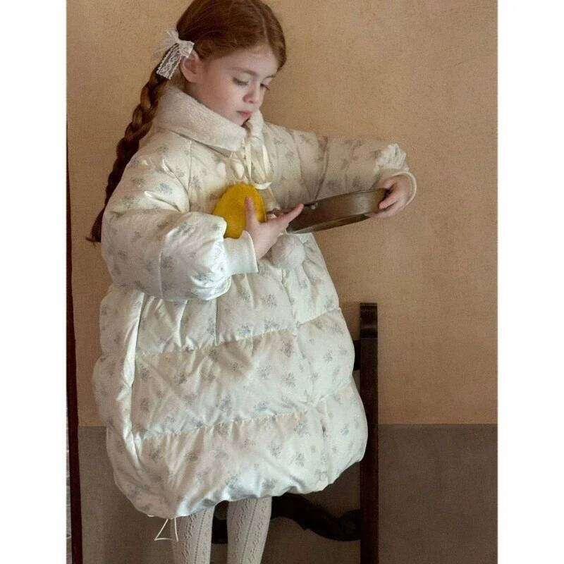 Winter Girls' Coat Warm New Small Floral Long Style Kids Clothing Casual Loose Children's Outdoor Cotton Jacket Rm117