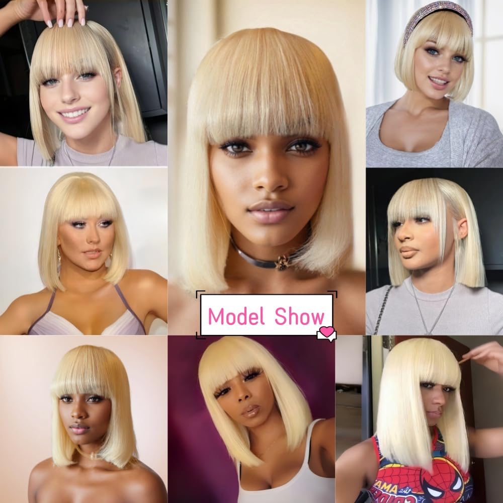 613 Blonde Bob Wig with Bangs Human Hair Silky Straight Glueless 8-16 Inch Short Hair for Women Daily Party Use