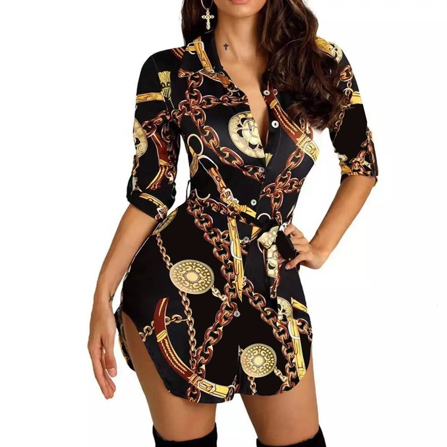 European and American butterfly dress 2025 designer autumn and winter new fashionable and sexy gold chain short skirt printed dress