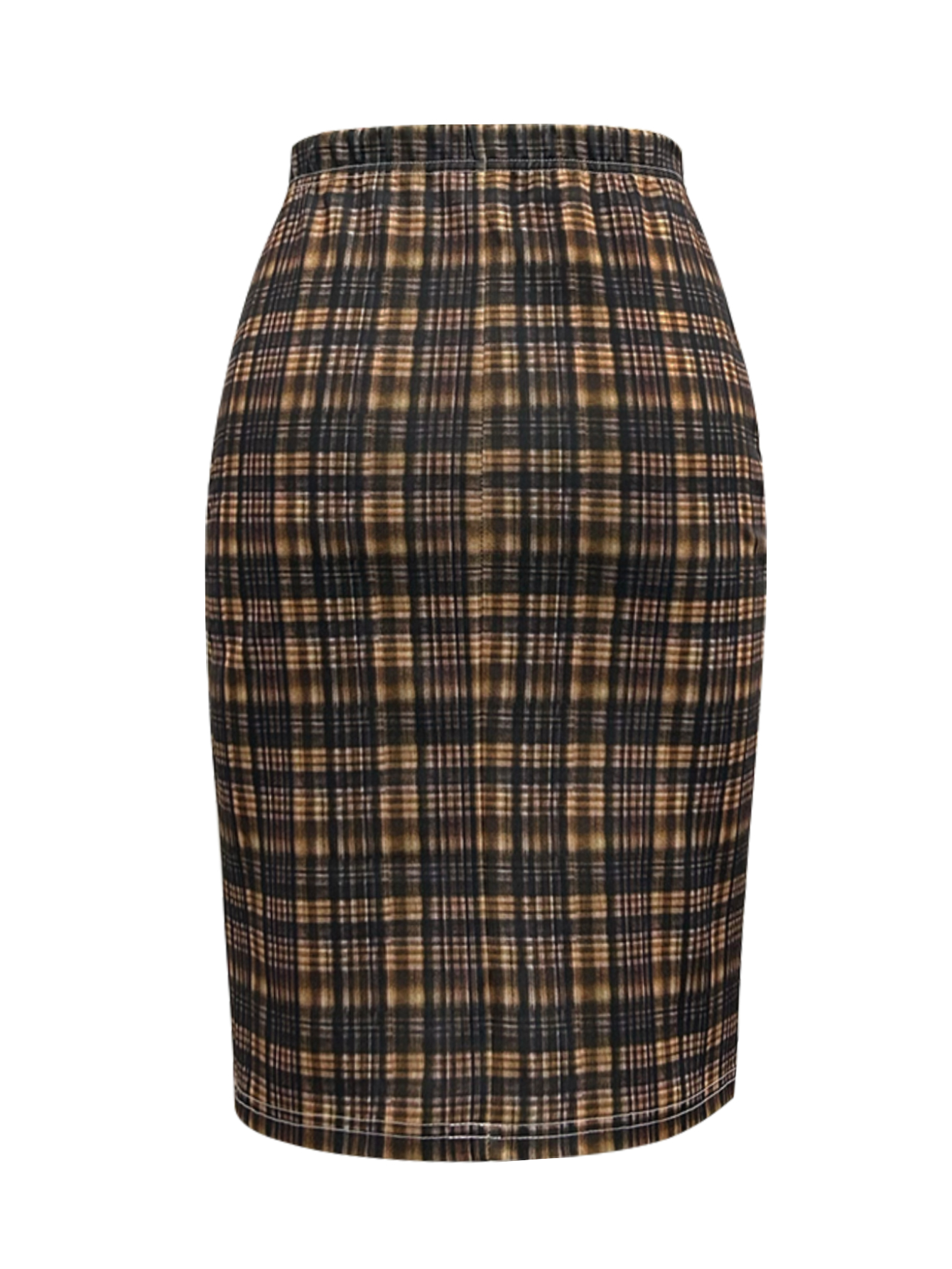 Autumn Winter Women's Plaid Printed Fashion Commute Style Office Lady Workwear Midi Skirt, Milk Silk Coffee Skirt, S-XXL---CF56454