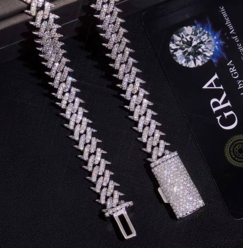 Pass Diamond Tester 925 Silver Hip Hop Jewelry Iced Out VVS Moissanite Diamond Spike Cuban Chain 10MM Bracelet