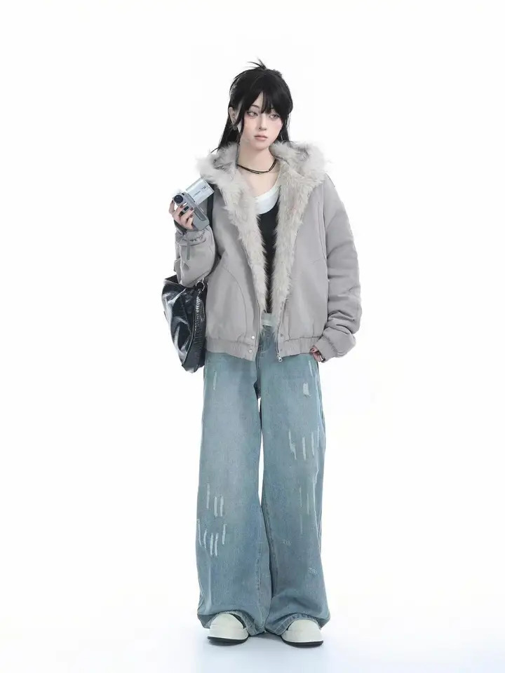 Y2K Fashion Niche Fur Collar Cotton Hooded Jacket Women Retro Streetwear Loose Plus Velvet Warm Harajuku Casual Plush Jacket 251020