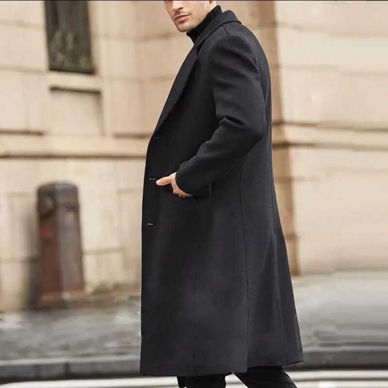 Blends Single Breasted Men Wool Coat Solid Jackets Turn Down Collar Overcoat Long Sleeve Pockets 2025 Winter Casual LooseT251025
