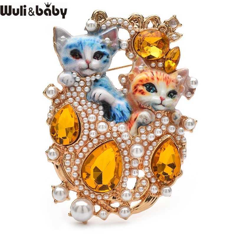 Wulibaby Lovely 2 Cats Brooch Pins 4color Enamel Royal Style Charming Cat Pets Brooches For Womens Clothes Badge Gifts J251115