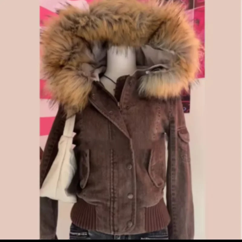 Vintage Brown Short Hooded Jacket Womens Full Sleeve Slim Detachable Fur Collar Warm 2025 Winter Autumn Female Y2k Outwears 251015